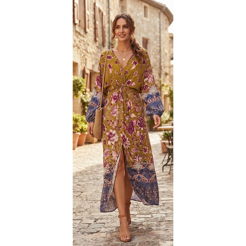 By Anthropologie Floral Twist Front Maxi Dress Mustard Pink Blue Boho OB1625265